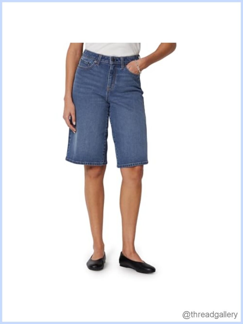 Women's Relaxed-Fit Mid-Rise Long Jean Shorts Bermuda Stretch Denim